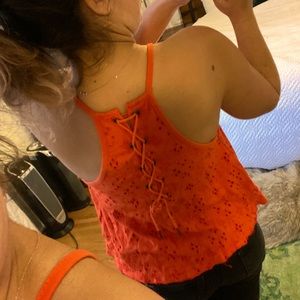 Free People Orange Cotton High Neck Eyelet Tank